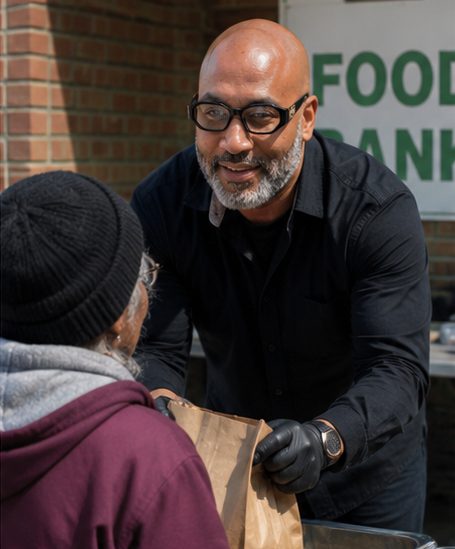 Nathan E. Brooks handing a bag of supplies to a community member