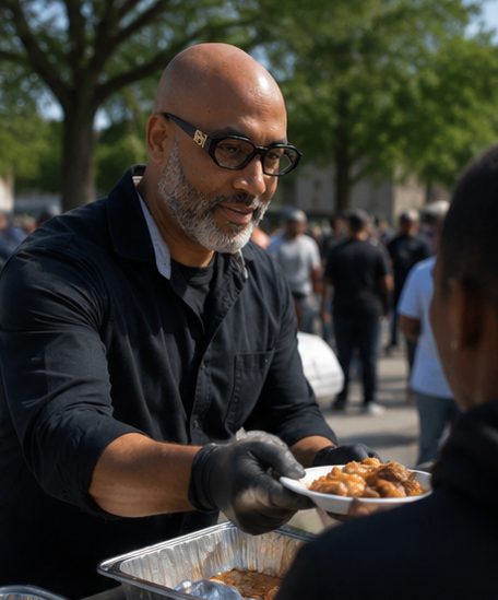 Nathan E. Brooks serving a warm meal at a community event