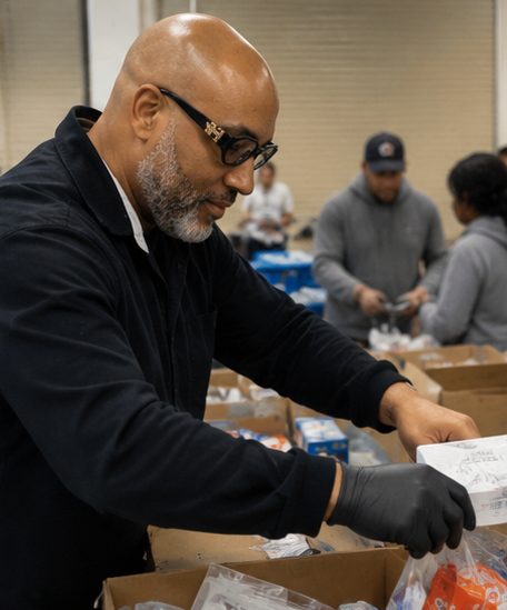 Nathan E. Brooks organizing donated supplies for community distribution